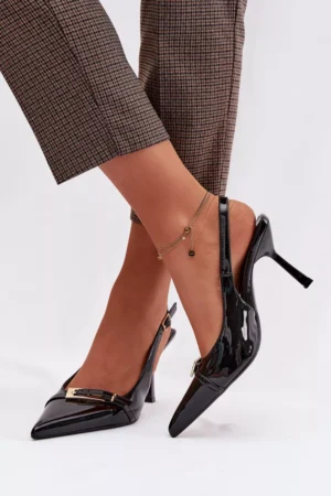 Patentētas ādas sieviešu augstpapēžu sandales ar zelta sprādzi, melnas Bellivra