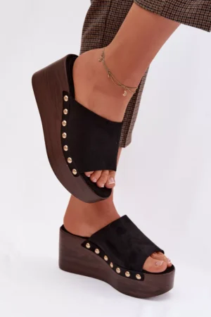 Sieviešu platforma sandales ar zelta sprādzēm Eco Suede Black Helivina