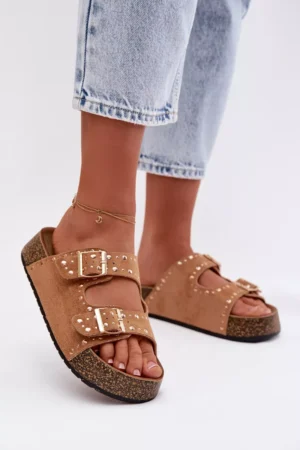 Sieviešu plakanas dzeltenas čības ar zelta klipsiem un kniedēm Camel Tervina