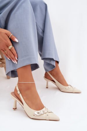 Sieviešu augstpapēžu sandales ar siksnām un sprādzi, smilškrāsas Parina