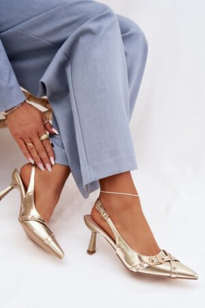 Sieviešu augstpapēžu sandales ar siksnām un sprādzi Gold Parina