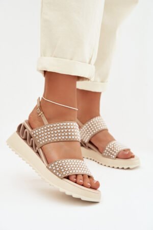 Ādas zamšādas sandales ar rotājumiem D&A; CR61-3067 smilškrāsas