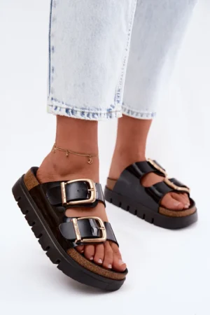 Lakoniskas sieviešu platformas čības ar zelta klipšiem Lee Cooper LCW-26-35-4459L melnas