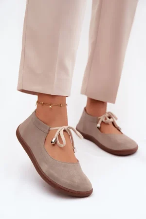 Ādas zamšādas balerīnas Barefoot šņorējamas Zazoo 021 Cappuccino