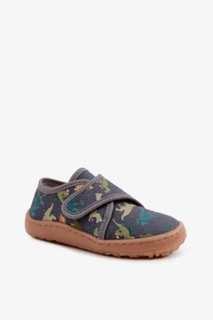 Bērnu čības zēniem ar līplenti, barefoot, dinozauri, Froddo G1700438-26, pelēkas