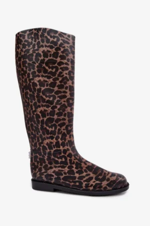 Sieviešu augstie gumijas zābaki ar plakanu papēdi un leoparda rakstu Melianne
